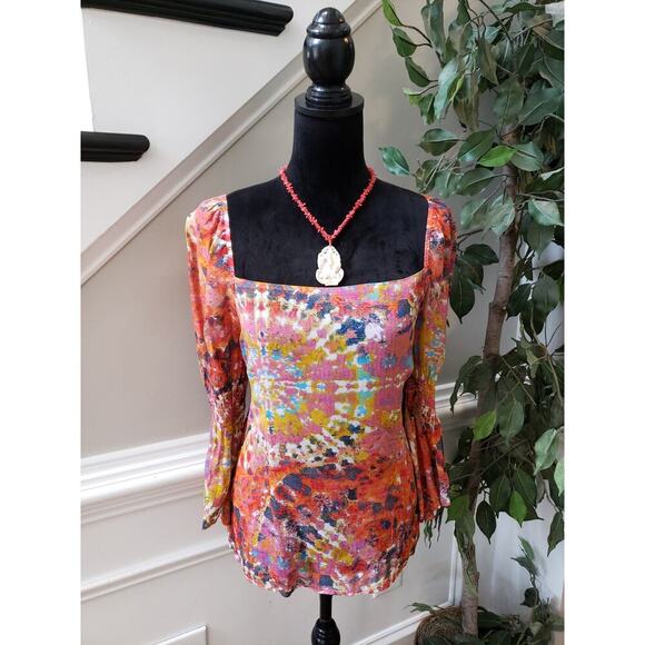 Women's Ecru Floral Print Square Neck Long Sleeve Top Size L Pullover Outdoor - Picture 2 of 12